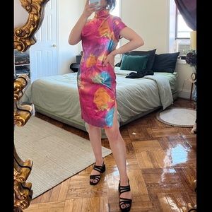 VINTAGE Metallic Floral Asian Style Midi Dress